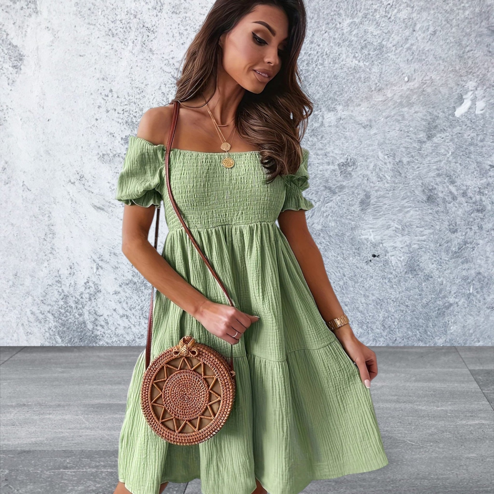 Ruffled Off-Shoulder Short Sleeve Dress