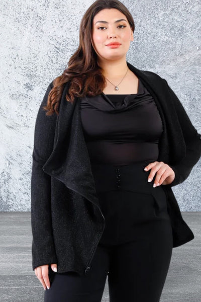 Plus Size Black Lurex Draped Collar Side Zip Up Jacket