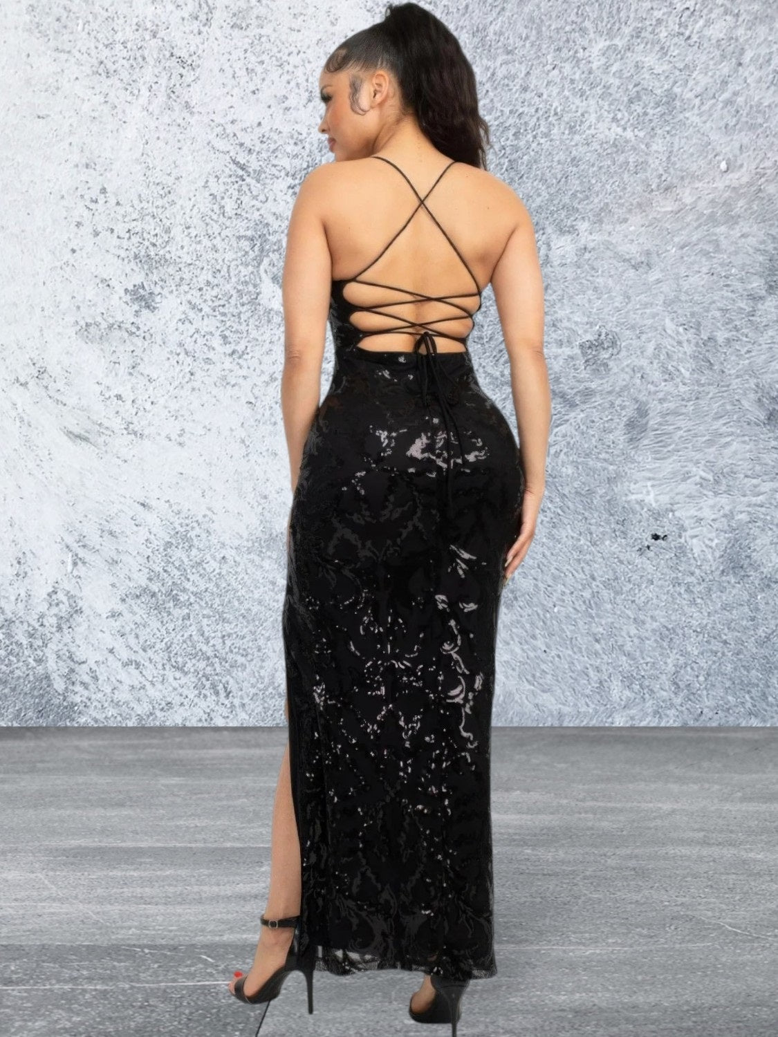 Sleeveless Sequin Black High Slit Dress