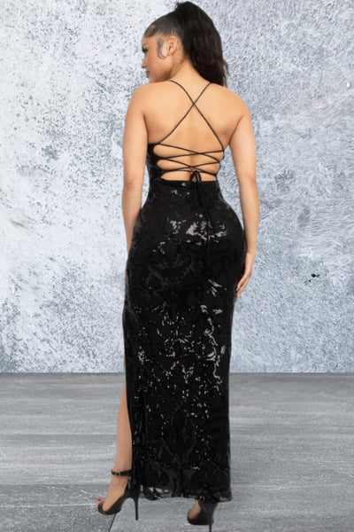 Sleeveless Sequin Black High Slit Dress