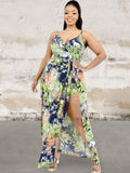 Plus Size Sleeveless Leaf Print Surplice Maxi Dress