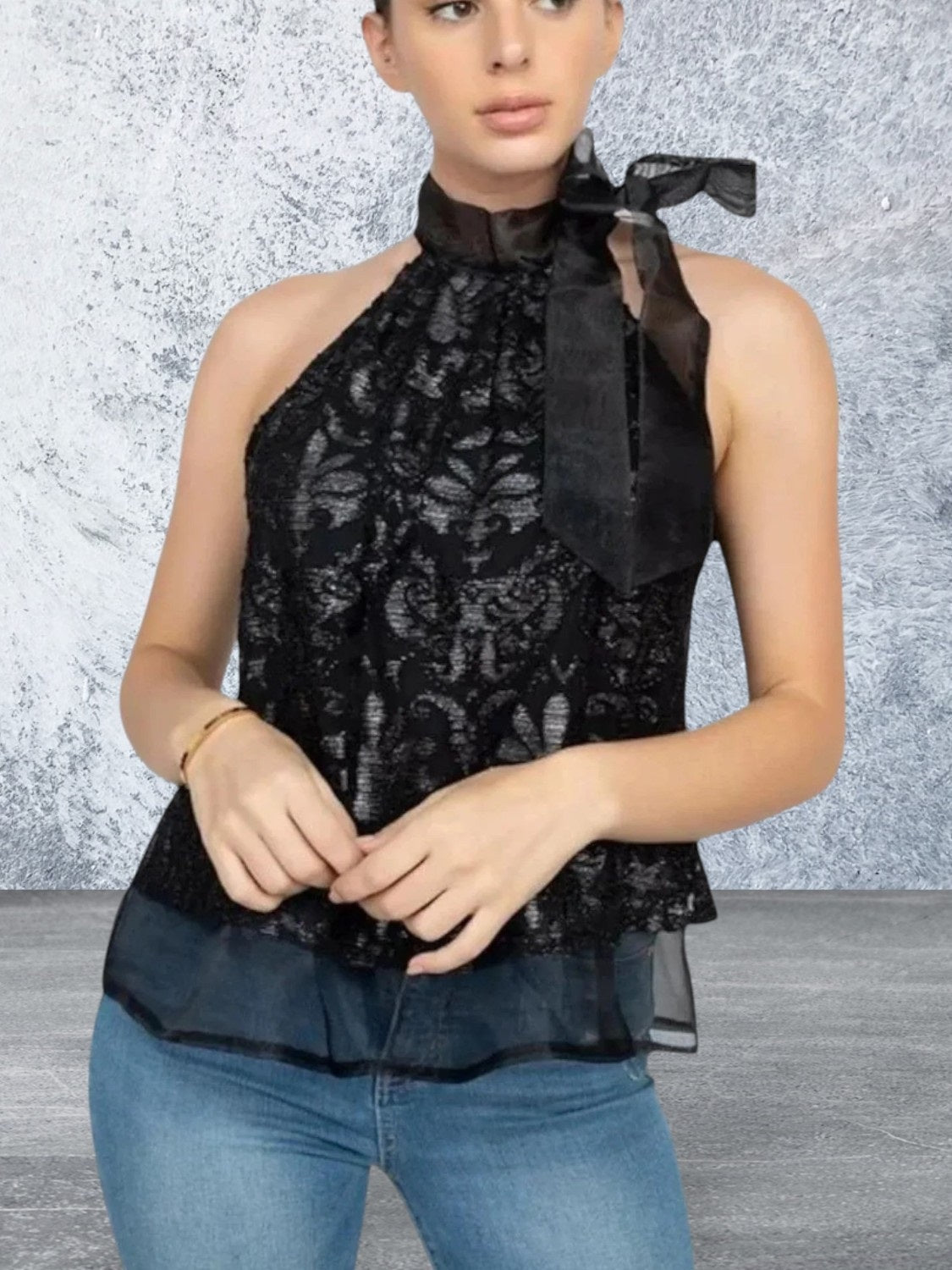 Sleeveless neck tie keyhole semi sheer black top