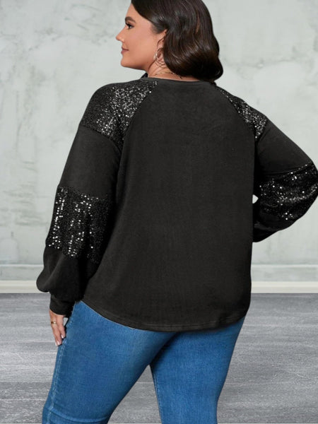 Plus Size Sequin Crew Neck Long Sleeve Top