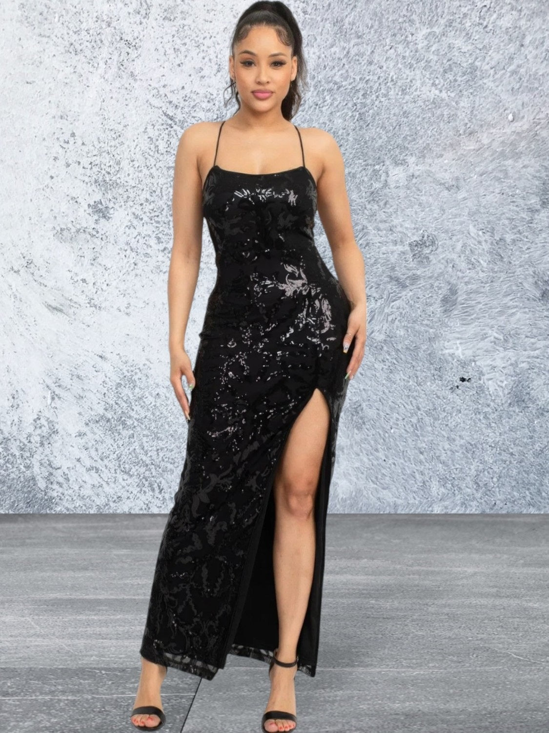 Sleeveless Sequin Black High Slit Dress