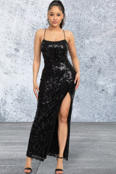 Sleeveless Sequin Black High Slit Dress