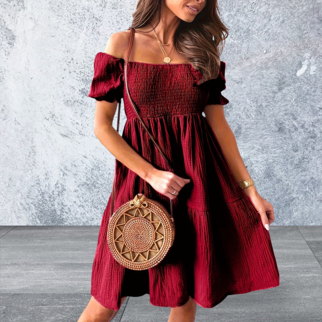 Ruffled Off-Shoulder Short Sleeve Dress