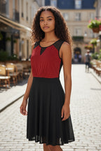 Sleeveless Round Neck Petite Red And Black Dress