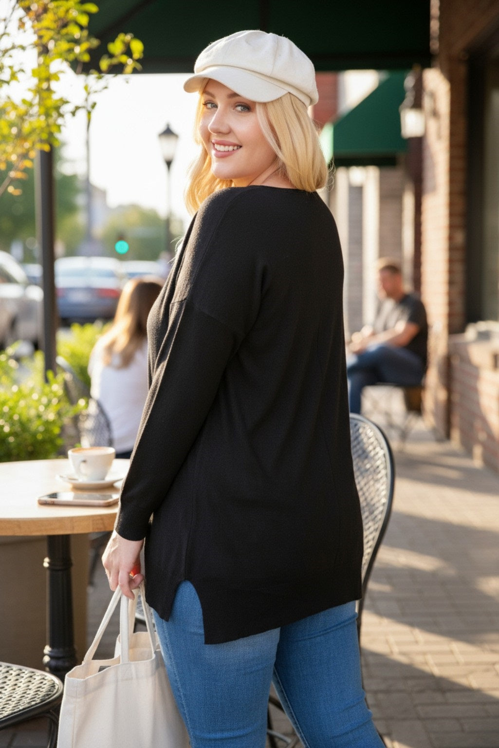 Plus Size V Neck 3/4 Sleeve Side Slit Sweater