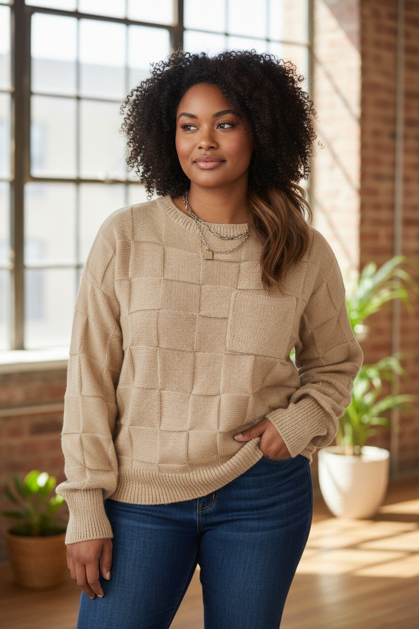 Plus Size Plaid Round Neck Sweater