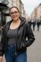 Womens Faux leather hoodie jacket