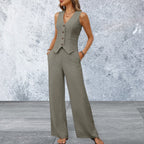 Women's V-Neck Button Down Vest and Wide Leg Pants Set