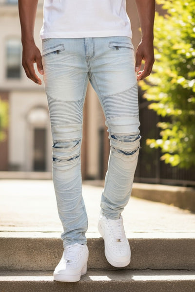 Men Skinny Creased Biker Denim Jeans