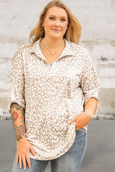 Plus Size Leopard Print Tab Sleeve Top