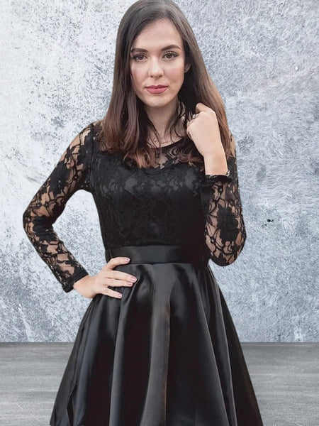 Black Long Sleeve Lace High Low Satin Dress