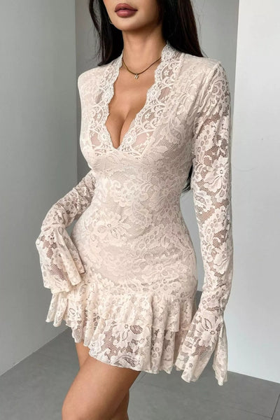 Long Sleeve Lace Ruffle Hem Mini Dress