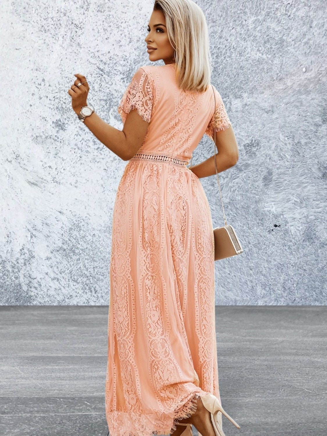 Short Sleeve V Neck High Waist Lace Maxi Dress