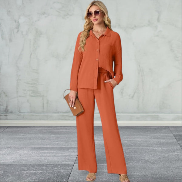 Lepunuo 2 Piece Women Casual  Long Sleeve Button Down Shirt and Wide Leg Pants Sets