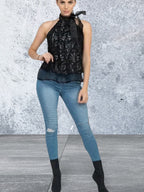 Sleeveless neck tie keyhole semi sheer black top