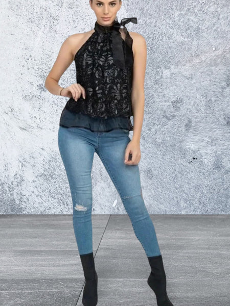 Sleeveless neck tie keyhole semi sheer black top