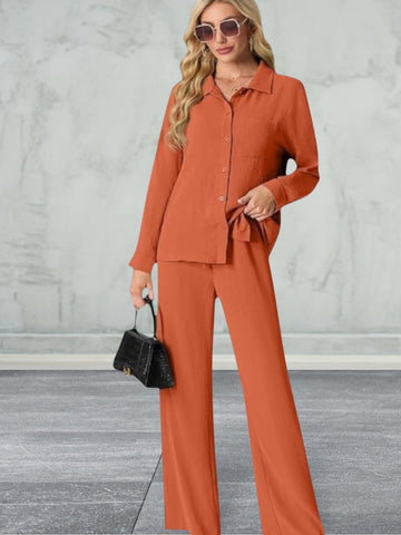 Lepunuo 2 Piece Women Casual  Long Sleeve Button Down Shirt and Wide Leg Pants Sets