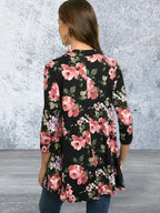 Black 3/4 sleeve round neck floral print tunic top