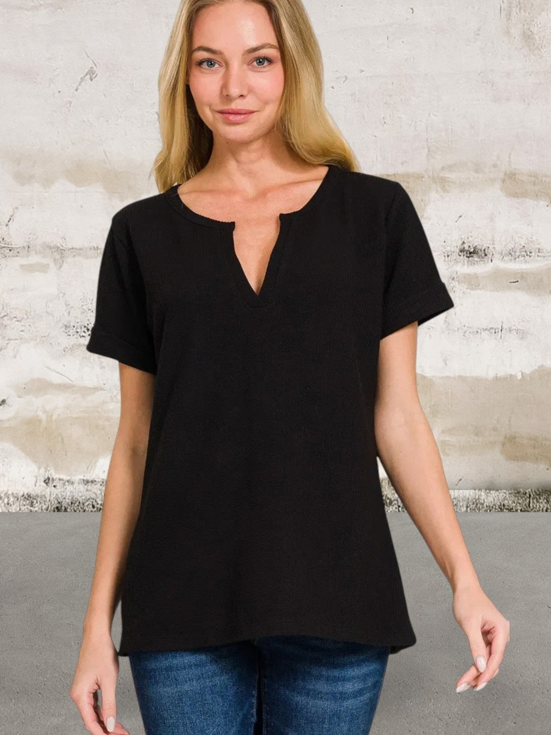 Short Sleeve V-Neck Waffle Top