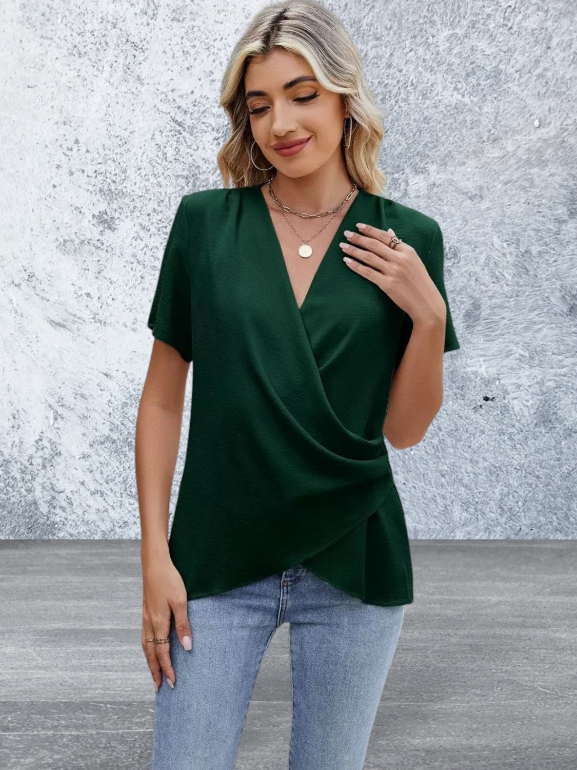 Short Sleeve Solid Color Surplice Blouse