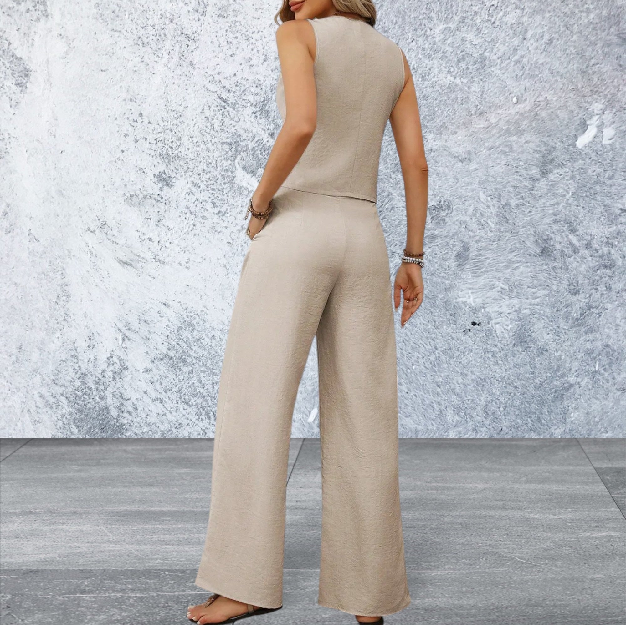 Women's V-Neck Button Down Vest and Wide Leg Pants Set