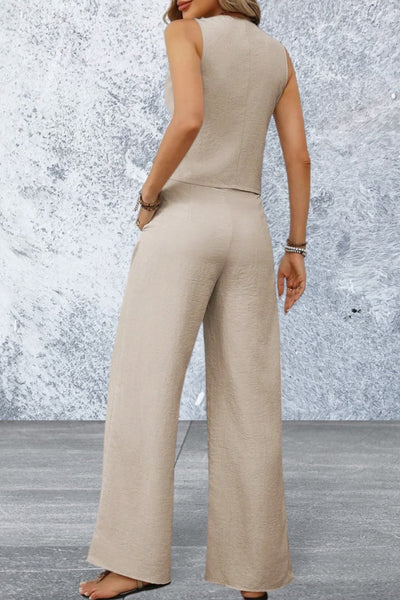 Women's V-Neck Button Down Vest and Wide Leg Pants Set