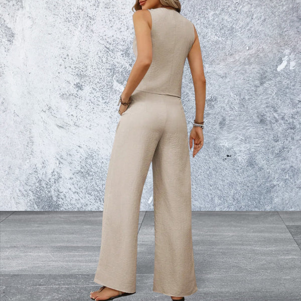 Women's V-Neck Button Down Vest and Wide Leg Pants Set