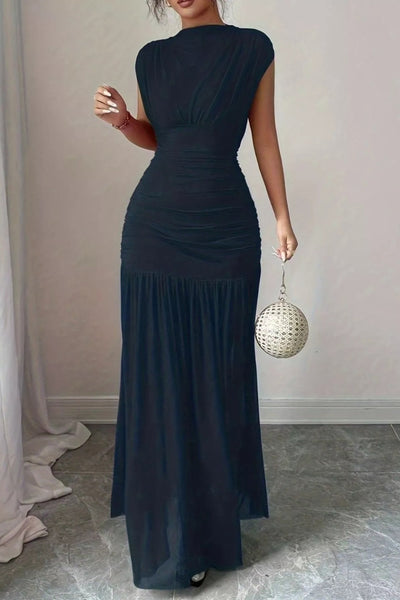 Cap Sleeve Ruched Bodycon Maxi Long Dress