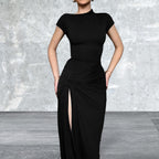 Cap Sleeve Ruched Slit Maxi Dress