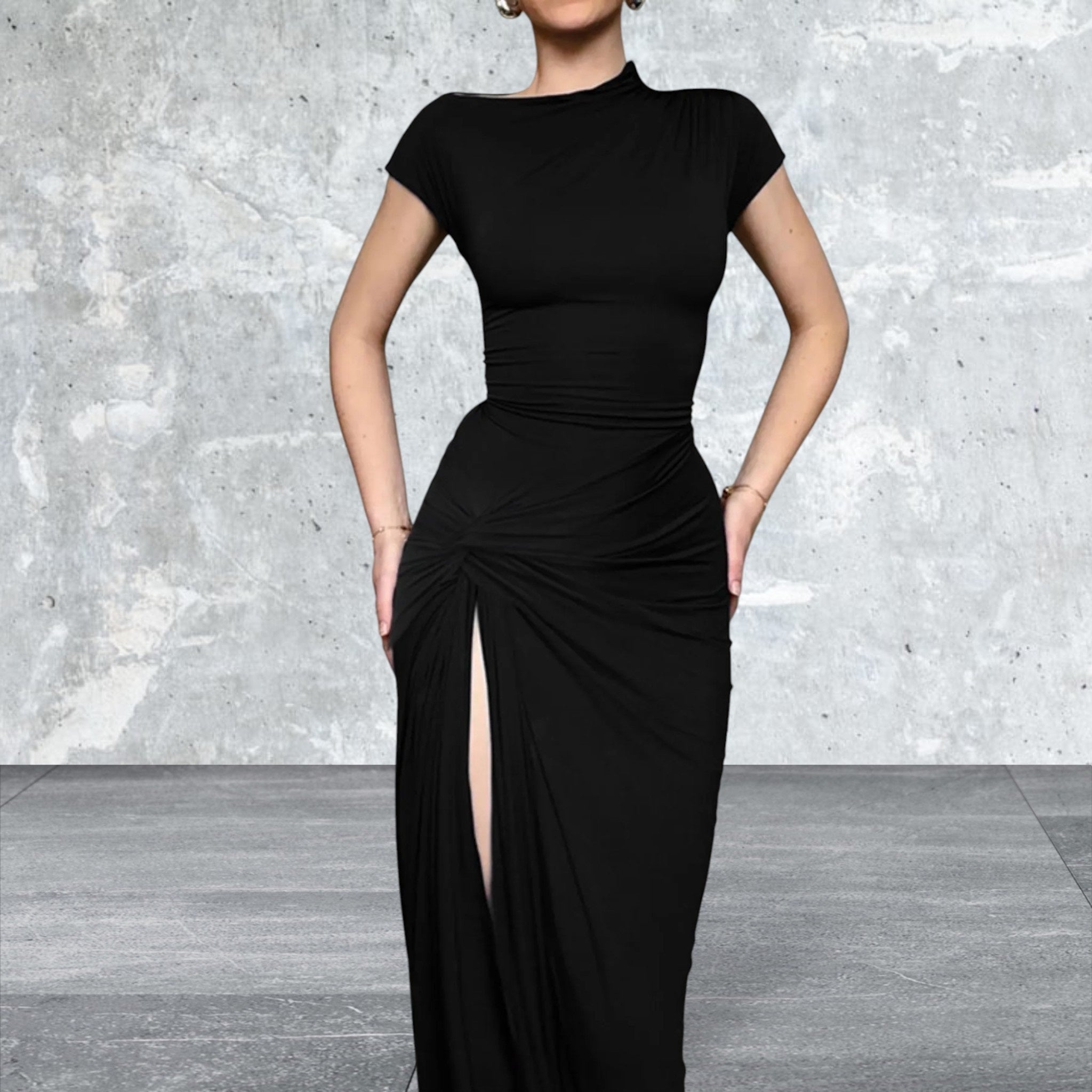 Cap Sleeve Ruched Slit Maxi Dress