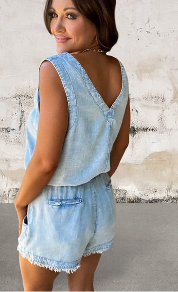 Sleeveless V Neck Denim Romper