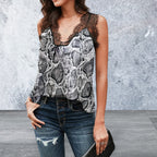 Sleeveless Lace Detail Snake Print V-Neck Top