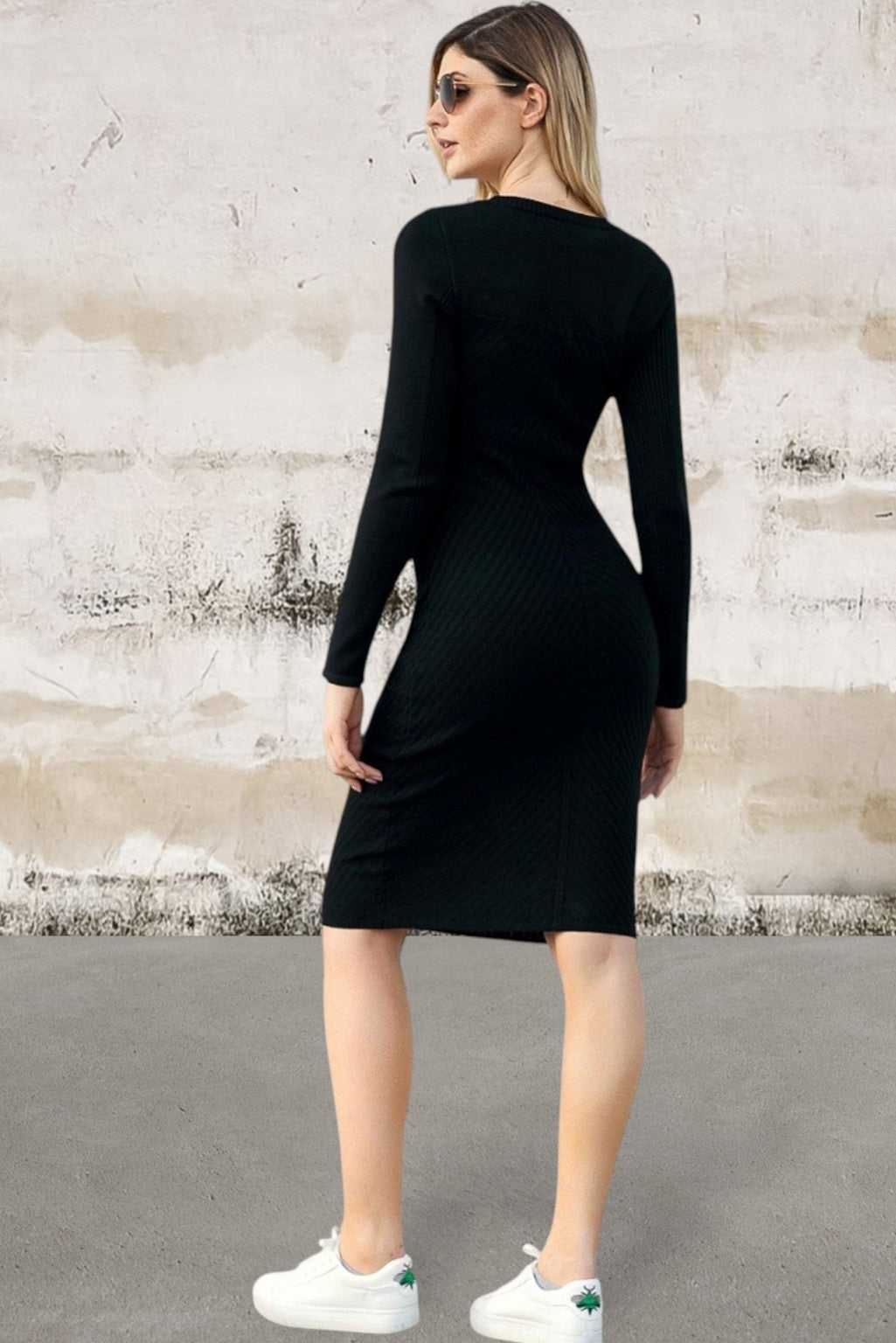 Long sleeve stretchy soft ribbed knit sweater dress