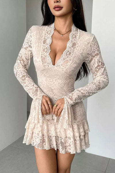 Long Sleeve Lace Ruffle Hem Mini Dress