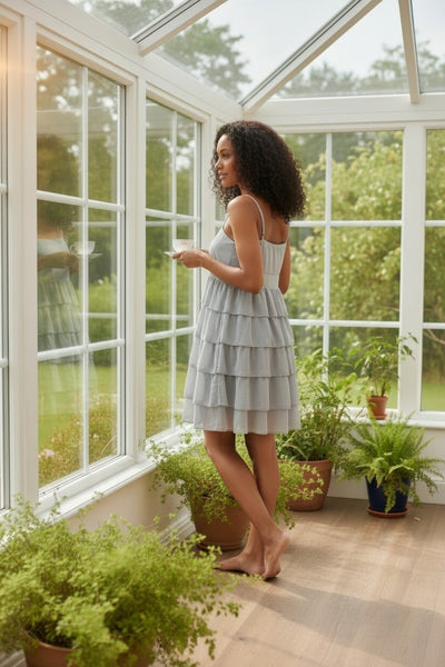 Grey spaghetti strap ruffle knee length dress