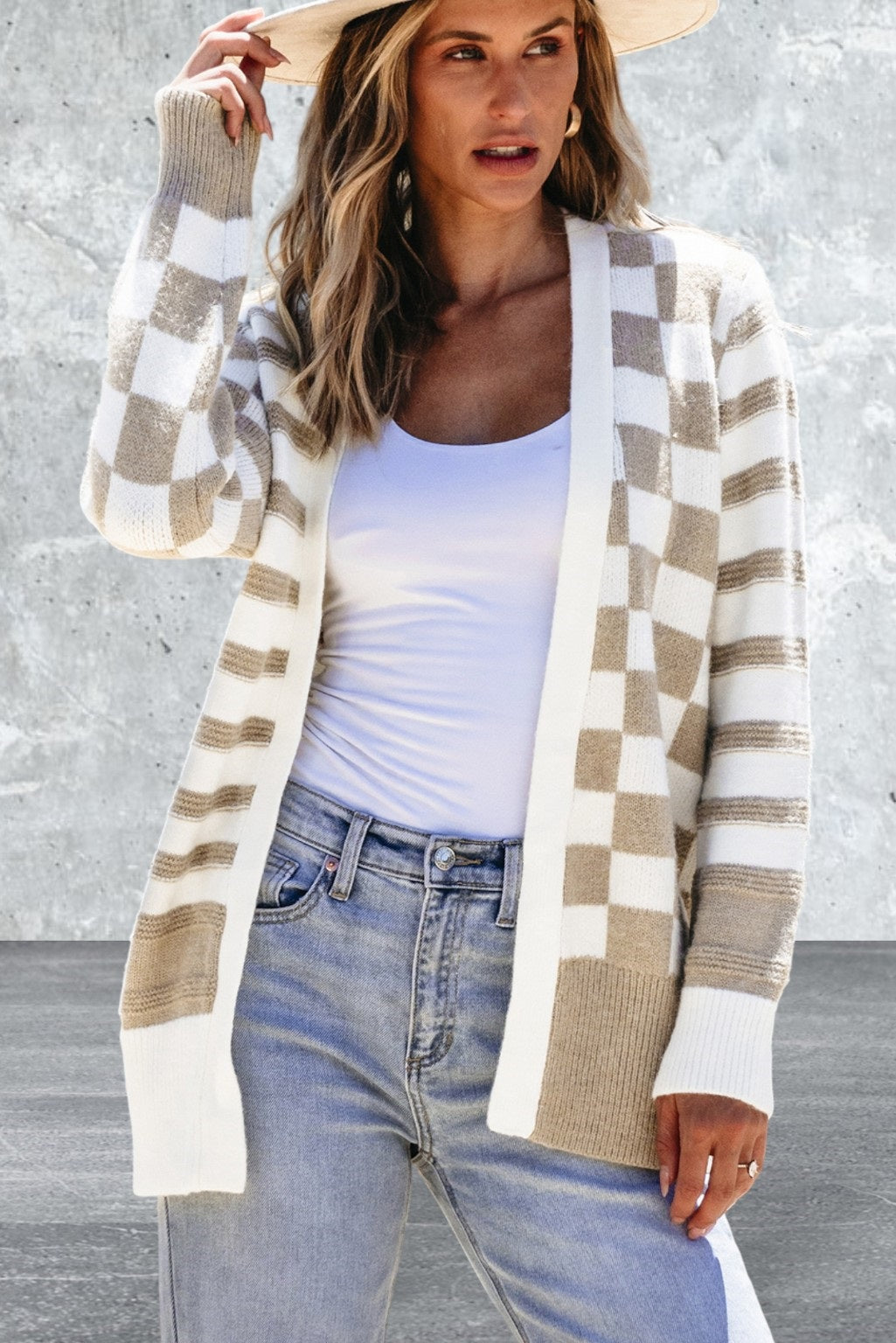Smoke Gray Open Front Striped Knitted Cardigan