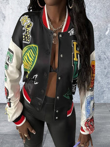 Juniors Crop Button Front Graphic Jacket