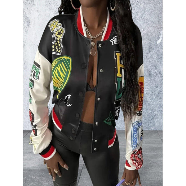 Juniors Crop Button Front Graphic Jacket