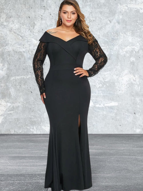 Beaded Lace Sleeve Off Shoulder Gown