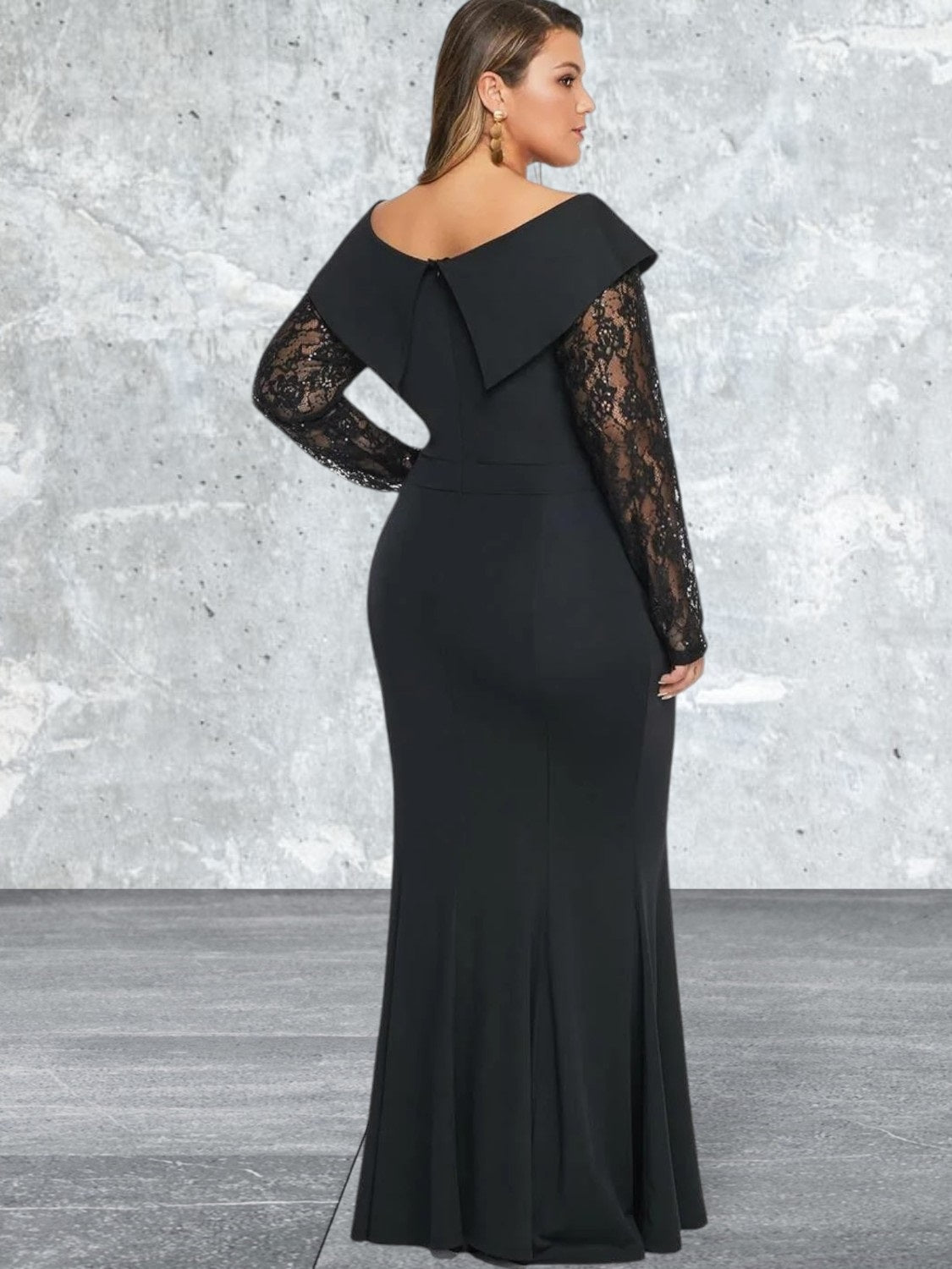 Beaded Lace Sleeve Off Shoulder Gown
