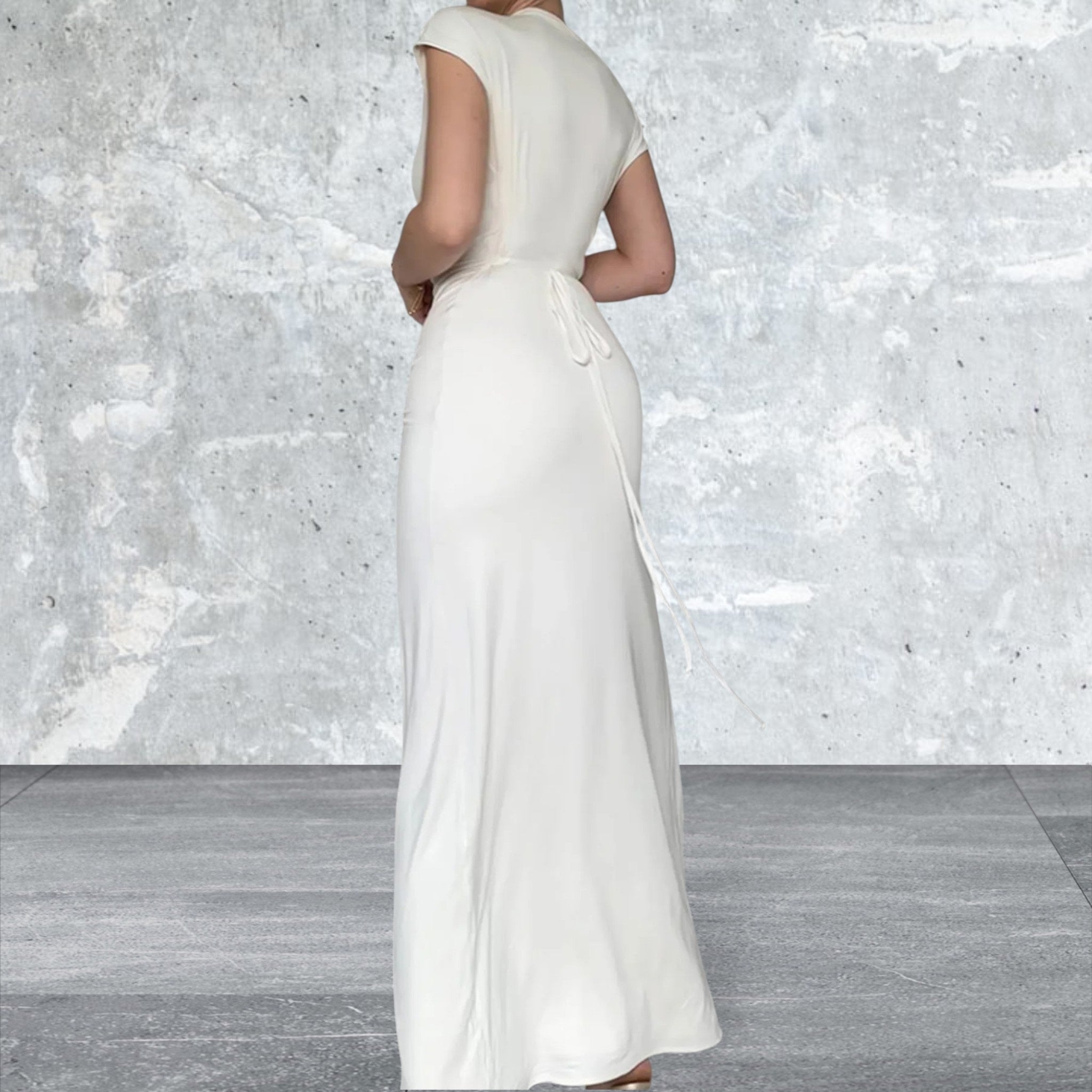 Cap Sleeve Ruched Slit Maxi Dress