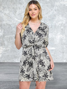 Plus Size Botanical Print Front Tie Dress