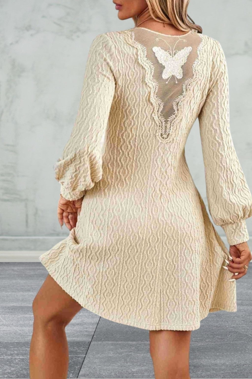 Long Sleeve Lace Detail V-Neck Dress