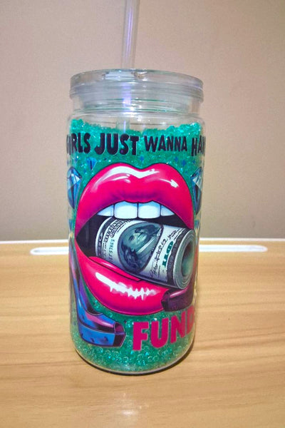 Tumbler with colorful design featuring lips and money
