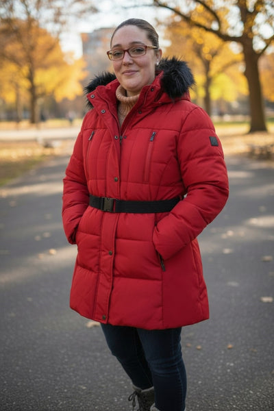 Women's Buckle Belt Detachable Fuzzy Faux Fur Hood Red Puffer Coat