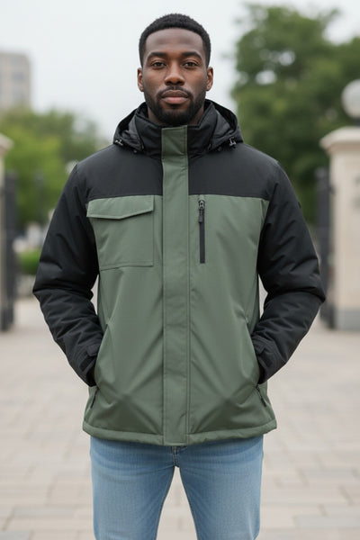 Men's Green And Black Thick Hooded Jacket