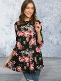 Black 3/4 sleeve round neck floral print tunic top